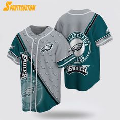 the philadelphia eagles baseball jersey is on display in front of a brick wall and wooden floor