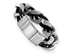 Stainless steel and black braided leather adjustable bracelet with brushed finish and magnetic clasp. Measures approximately 8 1/2" to 9 1/4"L x 13/16"W. Adjustable Silver Braided Bracelet With Stainless Steel Clasp, Adjustable Modern Gunmetal Jewelry, Modern Adjustable Gunmetal Jewelry, Adjustable Stainless Steel Magnetic Jewelry, Adjustable Gunmetal Jewelry With Stainless Steel Clasp, Modern Metal Jewelry With Black Band, Silver Stainless Steel Jewelry With Black Band, Casual Silver Jewelry With Black Band, Adjustable Gunmetal Bracelets With Stainless Steel Clasp