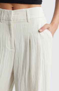 Soft pleats lend graceful movement to these high-waist pants designed with a crinkled texture and flowy wide legs. Zip fly with hook-and-bar closure 55% polyester, 37% viscose, 8% nylon Machine wash, dry flat Imported White Pleated Wide Leg Pants, White Pleated Summer Pants, Summer White Pleated Pants, Chic White Rayon Bottoms, Off White Linen Wide Leg Bottoms, Off White Wide Leg Pants For Spring, White Wide-leg Rayon Pants, Chic Tapered Leg Rayon Pants, White Rayon Wide-leg Pants