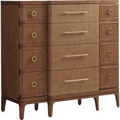 a brown dresser with gold handles on it's doors and drawers, against a white background