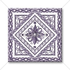 an abstract purple and white tile design with swirls on the edges, in square format