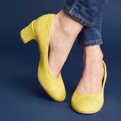 Awesome Yellow Suede Block Heel Pumps From Anthropologie Yellow Court Shoes For Spring, Yellow Almond Toe Court Shoes For Spring, Spring Yellow Suede Heels, Yellow Suede Heels For Spring, Elegant Yellow Suede Heels, Spring Casual Court Shoes, Casual Spring Court Shoes, Spring Suede Court Shoes With Stacked Heel, Elegant Yellow Court Shoes For Spring