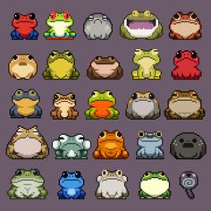 pixel art with different types of frogs and toades, all in different colors on the screen