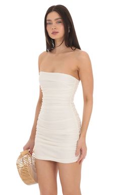 Strapless Ruched Bodycon Dress in Ivory Strapless Dress Outfit, White Tube Dress, Bat Mitzvah Dresses, School Dance Dresses, White Homecoming Dresses, Dress Tight, Tube Top Dress, Ruched Bodycon Dress, Causual Outfits