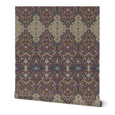 an intricately designed wallpaper in blue and orange colors with ornate designs on it