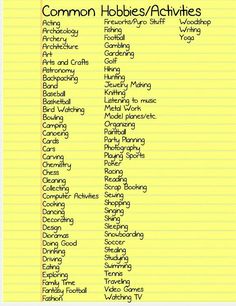 the common hobbies / activities list is shown in black on yellow paper with words above it