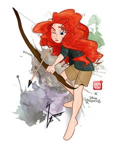 the little red haired girl is holding a bow and arrow