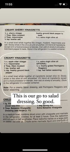 the menu for an italian restaurant is displayed on a cell phone with a caption that reads,'this is our go to salad dressing so good