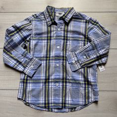 Old Navy Long Sleeve Button Down Blue & Yellow Plaid Shirt. Size XS fits size 5. Cotton. New with tag attached Blue Button-up Top With Snap Buttons, Blue Snap Button-up Tops, Blue Snap Button Tops For Fall, Blue Tops With Snap Buttons For Fall, Blue Snap Buttons Tops For Fall, Blue Shirt With Snap Buttons For Fall, Fall Blue Shirt With Snap Buttons, Blue Button-up Shirt With Placket, Blue Shirt With Snap Buttons For Spring