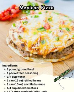 mexican pizza with ingredients and instructions on cutting board