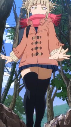 an anime character is walking through the woods