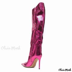 Olivia Mark - Fuchsia Metallic Snake-Effect Knee High Stiletto Boots with Pointed Toe Knee High Stiletto Boots, Stiletto Boots, Olivia Mark, Knee High, Boots