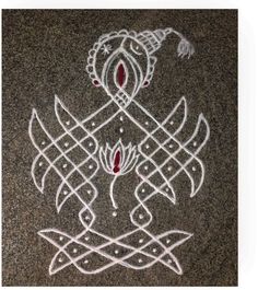 an intricately designed design on the ground with white lines and red dots in it