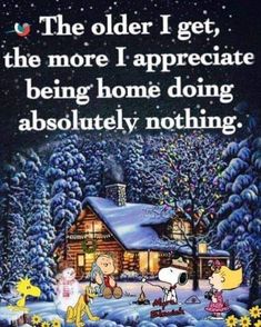 a charlie brown christmas card with snoop and friends in front of a cabin at night