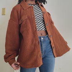 Color: This Jacket Is A Mix Of Dark Brown With A Hint Of Red, So A Pretty Auburn Color. Sizes: S & M (The One On The Model Is A Medium And The Last Picture Is The Small. The Small Just Feels Much More Cropped Than The Medium.) This Teddy Bear Jacket Is Incredibly Flattering. I Have Another One In A Medium Size, And It's Currently My Favorite Jacket! It Looks Really Cute Open And Stays Pretty Warm When Closed. The Sleeve From Armpit To Cuff Is About 19" It Comes With An Extra Button In Case One F Fitted Fleece Jacket With Pockets For Fall, Fitted Casual Fleece Jacket For Fall, Trendy Fall Fleece Jacket, Trendy Long Sleeve Fleece Jacket For Fall, Trendy Spring Fleece Jacket For Cold Weather, Casual Shacket For Cold Weather, Cozy Spring Button-up Outerwear, Cozy Button-up Spring Outerwear, Cozy Collared Spring Outerwear