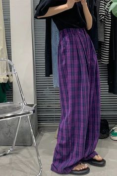 High Waist Long Casual Purple Plaid Pants – Nada Outfit Land Plaid Wide Leg Pants, Wide Leg Pants Women, Plaid Decor, Casual Bottoms, Backless Mini Dress, Purple Plaid, Black White Dress, Mini Dresses For Women, Vintage Plaid