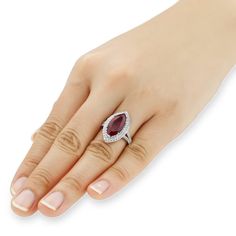 This beautiful Platinum Plated Sterling Silver Ring 3.8 carat Marquise Simulated Ruby CZ Stone Art Deco Ladies Cocktail Ring ( Size 5 to 9 ) is meticulously crafted in gleaming and durable Sterling Silver. Our stones are the highest quality diamond simulant that are polished, finely cut, loupe clean, and have an exactly similar appearance and as beautiful as to naturally occurring diamonds. All cubic zirconia stone weights are approximate and listed as diamond equivalent weight in carats. Our cl Formal Teardrop Ruby Ring In Fine Jewelry Style, Formal Teardrop Ruby Ring Fine Jewelry, Teardrop Ruby Ring For Formal Occasions, Formal Ruby Teardrop Ring, Formal Teardrop Ring Gia Certified, Halo Setting Ring With Lab-created Ruby, Gia Certified Fine Jewelry Ruby Ring, Red Diamond Teardrop Rings, Red Teardrop Diamond Rings