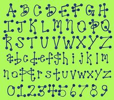 the letters and numbers are drawn in blue ink on a lime green background with black dots