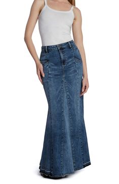 Rock a modern casual-cool vibe in this denim maxi skirt designed in a retro-inspired flared silhouette. 39" center front length (size 29) Unlined 95% cotton, 4% polyester, 1% spandex Machine wash, tumble dry Imported Full-length Denim Blue Maxi Skirt, Fitted Flare Denim Skirt, Denim Blue Full-length Maxi Skirt, Full Length Denim Blue Maxi Skirt, Chic Medium Wash Denim Maxi Skirt, Chic Full-length Denim Blue Skirt, Chic Dark Wash Denim Maxi Skirt, Chic Full Length Denim Blue Skirt, Fitted Dark Wash Denim Maxi Skirt