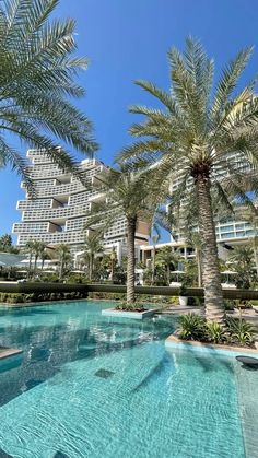 an outdoor swimming pool with palm trees and buildings in the backgroung area