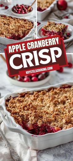 an apple cranberry crisp in a white dish