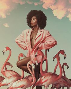 a painting of a woman surrounded by flamingos