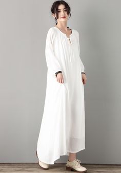 White Linen Dress Long Sleeves Linen Maxi Dress Maternity - Etsy White Floor-length Midi Dress For Spring, White Flowy V-neck Maxi Dress, Flowy Floor-length Maxi Dress For Daywear, Elegant White Maxi Dress For Daywear, Elegant Chiffon Maxi Dress For Daywear, Elegant White Floor-length Maxi Dress, Linen Maxi Dress For Daywear, White Flowy Floor-length Dress, White Bohemian Maxi Dress For Daywear