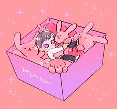 a pink box with two rabbits in it