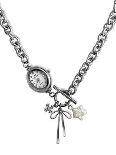 Equal parts statement-making & unique ౨ৎ Meet the 'ON TIME' necklace -featuring the most precious charms paired alongside a vintage-inspired watch face, this accessory is bound to become a treasured piece in your jewelry collection. Pick 3 of your favorite charms to create a truly one-of-a-kind piece and make it your own! ☆ 3 charm maximum ☆ Made to last - waterproof & tarnish resistant ☆ Working battery powered watch face (battery included) ☆ Available in lengths 14", 15", 16", 18" ☆ Handmade w Rings On Necklace Chain, Cool Silver Necklace, Watch Face Necklaces, Y2k Charm Necklace, Good Quality Jewelry, Jewelry Stack Necklace, Silver Necklace Chunky, Cute Stuff To Buy Accessories, Unique Jewelry Silver