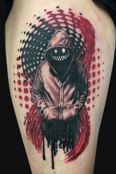 a person with a hoodie tattoo on their arm and shoulder, painted in black and red