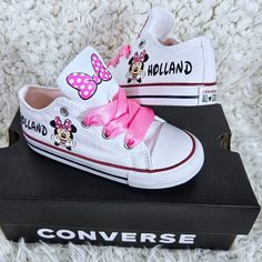 Each shoe will have Minnie and your little one's name on the sides and pink polka dot bow on the tongues.  Pink double faced satin ribbon ties to finish off the look. Minnie Mouse Converse, Converse Baby, Girls Shoes Sneakers, Sneakers Athletic, Girls Sneakers, Pink Polka Dots, Ribbon Tie, Toddler Girls, Sneakers White