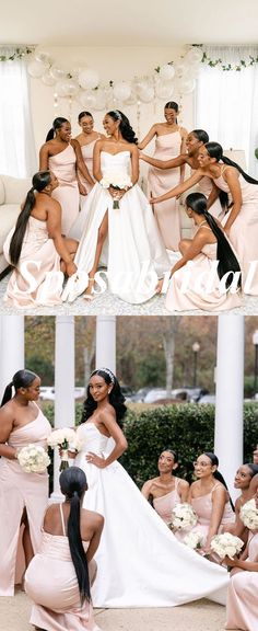 the bride and her bridal party are posing for pictures