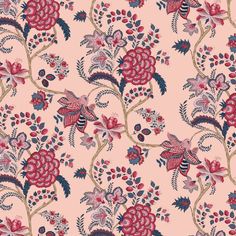 a pink background with red and blue flowers, leaves and branches on it's sides