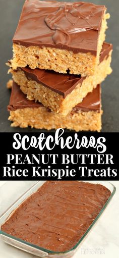 three pieces of peanut butter rice krispy treats stacked on top of each other with chocolate frosting