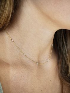 This dainty Herkimer Diamond necklace is elegant, timeless and the perfect necklace for everyday wear. Featuring AAA grade, super clear Herkimer Diamonds on your choice of sterling silver, 14k gold filled or 14 k rose gold filled chain. This unique and dainty necklace features five tiny genuine herkimer diamonds evenly spaced on a quality chain to perfectly drape your neckline and sparkle at every angle.   Perfect as a layering necklace or beautiful on its own! *About Herkimer Diamonds* Herkimer Necklace For Everyday, Herkimer Diamond Necklace, K Rose, Layering Necklace, Necklace Dainty, Herkimer Diamond, Bridal Necklace, Dainty Necklace, Gold Filled Chain