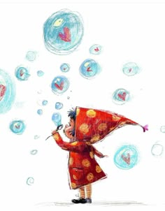 a drawing of a child holding an umbrella with bubbles coming out of the sky behind them