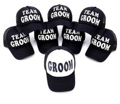 six hats with the word team groom printed on them, all in black and white