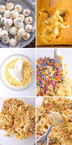 the process for making cupcakes with sprinkles is shown in pictures