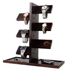 a wooden display case with five watches on the top and one watch on the bottom