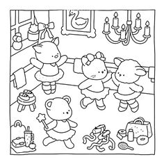 a black and white drawing of teddy bears in a room with candles, toys and other items