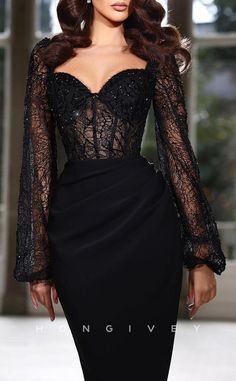 L1919 - Sexy Fitted Two Tone Sweetheart Lace Long Sleeves Illusion Emp Black Dresses Classy, Chic Dress Classy, Dinner Dress Classy, Elegant Dresses Classy, Prom Dress Inspiration, Evening Dress Fashion, Black Evening Dresses, فستان سهرة, Evening Dresses Elegant