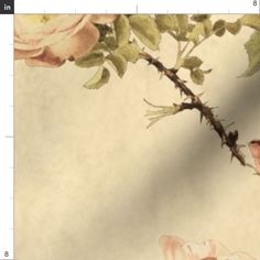 a painting of roses on a wall with a ruler in the foreground and an image of a bird perched on a branch