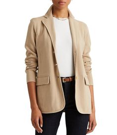 Lauren Ralph Lauren Notch Lapel Long Sleeve Cotton Knit Blazer | Dillard's Fun Outfits, Capsule Wardrobe Essentials, Tan Blazer, Sweater Blazer, Summer Work Outfits, Casual Work Outfit, Ralph Lauren Women, Cotton Blazer, Stylish Work Outfits