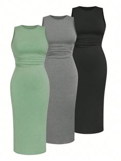 Plus 3pcs Summer Solid Ruched Bodycon Dress Multicolor Casual  Sleeveless Fabric Plain Bodycon,Tank Medium Stretch Summer Women Plus Clothing, size features are:Bust: ,Length: ,Sleeve Length: Ruched Bodycon Dress, Vestido Casual, Maternity Bag, Dress P, Plus Clothing, Plus Size Dresses, Summer Women, Women Clothes Sale, Length Sleeve