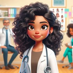 a cartoon character with long hair and a stethoscope on her chest, standing in front of a doctor's office