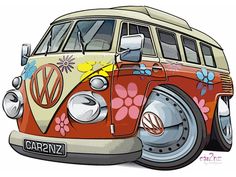 the vw bus is painted with flowers on it's front and back end