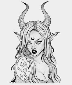 a drawing of a woman with horns on her head