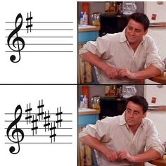 two pictures of the same man with musical notes