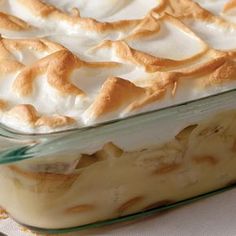 a casserole dish filled with white cream