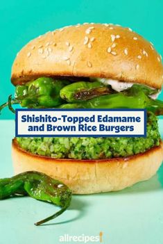 These vegetarian edamame and brown rice burgers are topped with blistered shishito peppers and a homemade herb aioli.